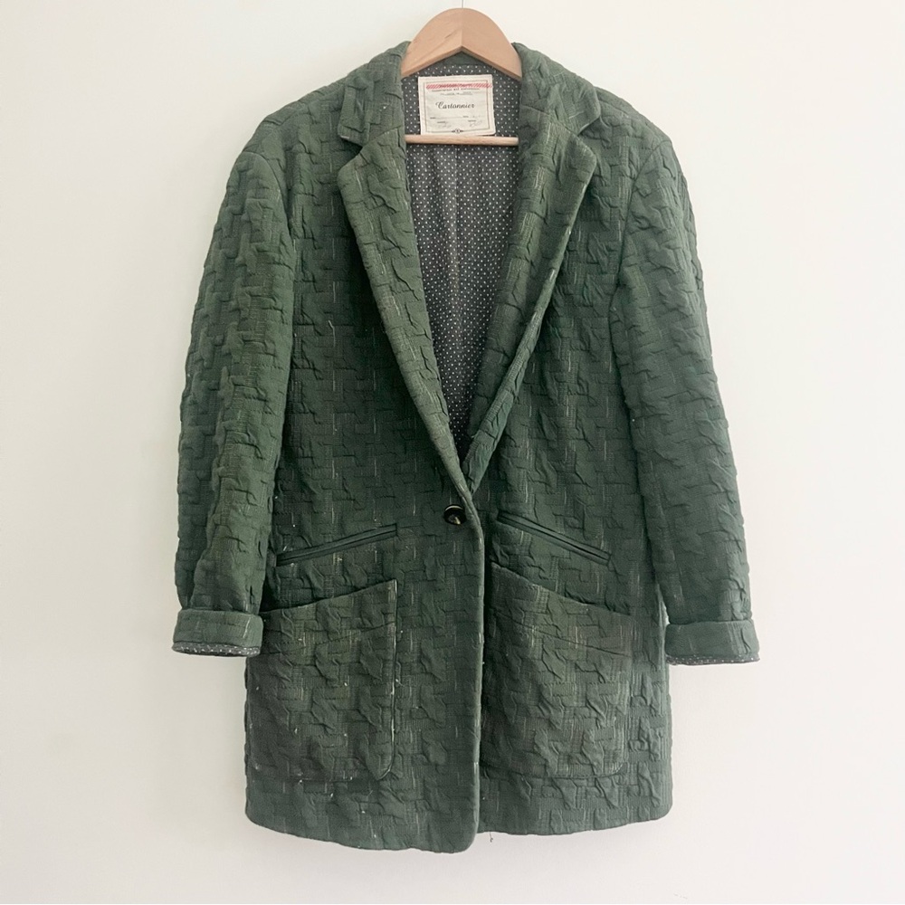 Anthropologie Green Cartonnier Extended Houndstooth Blazer Textured Boyfriend XS